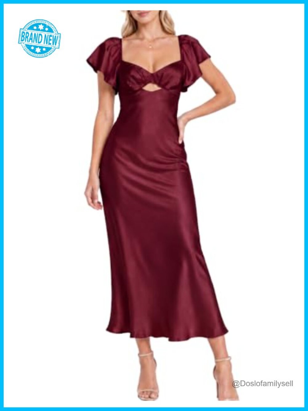 Satin Midi Dress Flutter Sleeve Sweetheart Neckline Formal Wedding Guest